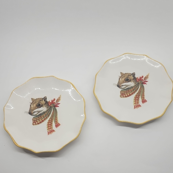 Angela Staehling Chipmunk Plates Set of 2 Gold Rim Woodland Animal - Picture 3 of 8
